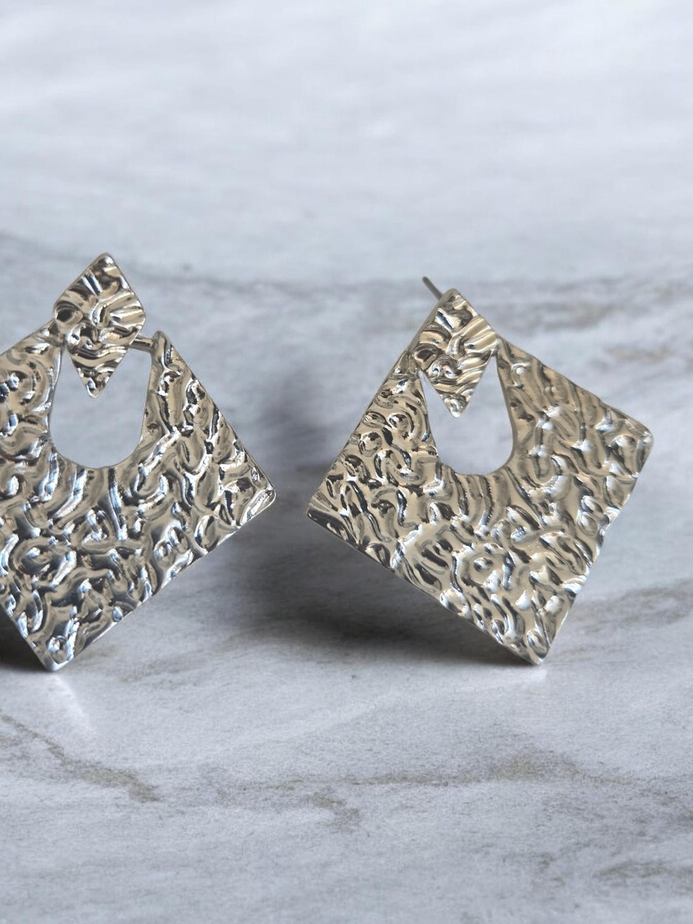 Hammered Square Drop Earrings in Silver